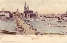 DRESDEN, GERMANY VIEW ALONG RIVER KATH. KIRCHE ZWINGER