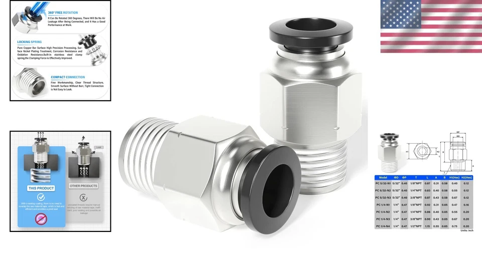 Compact Push-to-Connect Fittings, 1/4" OD x 1/8" NPT, Works with PU/PA/PE/PVC - Image 2 of 4