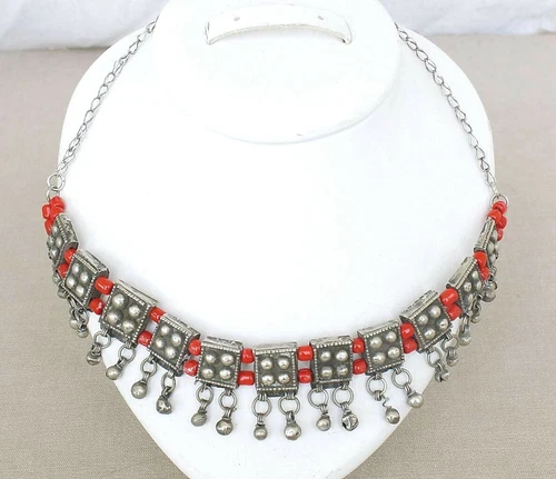 Yemen Antique Silver and red glass bead Breast Ornament "Labbeh" 19th cen. 52gr.