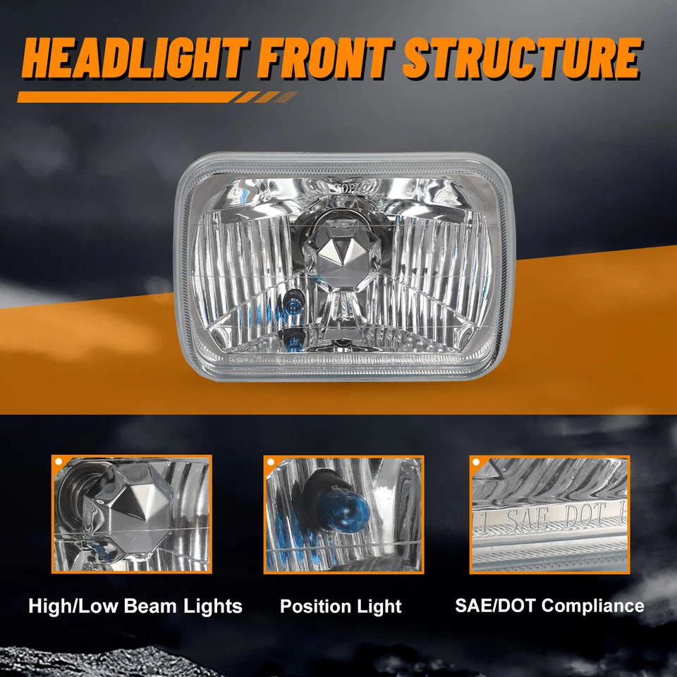 HeadLights Assembly 7 inch Rectangular Conversion Factory Replacement Clear Lamp - Image 3 of 4