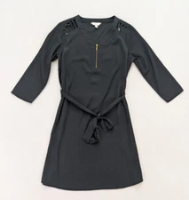 Charming Charlie Women's Dress Size Small Black 3/4 Sleeve Belted Silky Texture