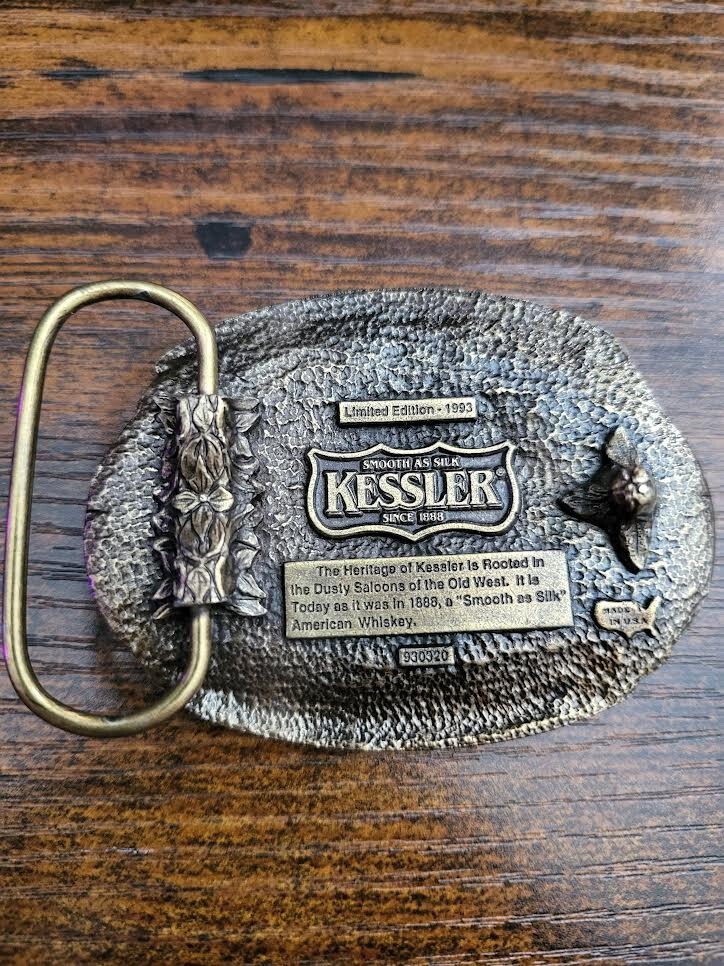 Vintage KESSLER Whiskey Belt Buckle Spirit of Indiana Smooth as Silk