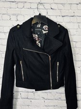 Women’s Boutique Sz Small Black Moto Jacket Coat Rose Gold Wool Blend Mink Pink