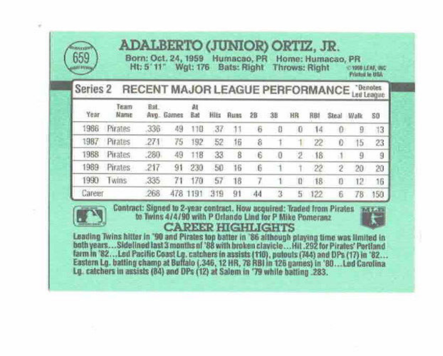 Adalberto [Junior] Ortiz Jr. MN Twins Catcher #659 Donruss 1991