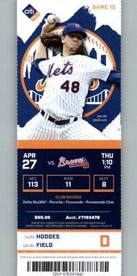 Atlanta Braves vs New York Mets 4/27/2017 Full Ticket - Jacob deGrom