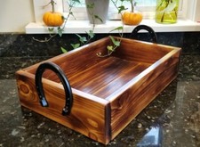 HANDCRAFTED WOOD SERVING TRAY HORSESHOE HANDLES