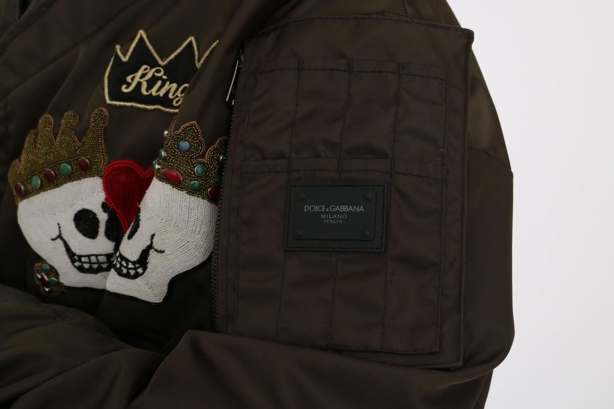 DOLCE & GABBANA Jacket Brown Beaded Crown Skull Logo EU50