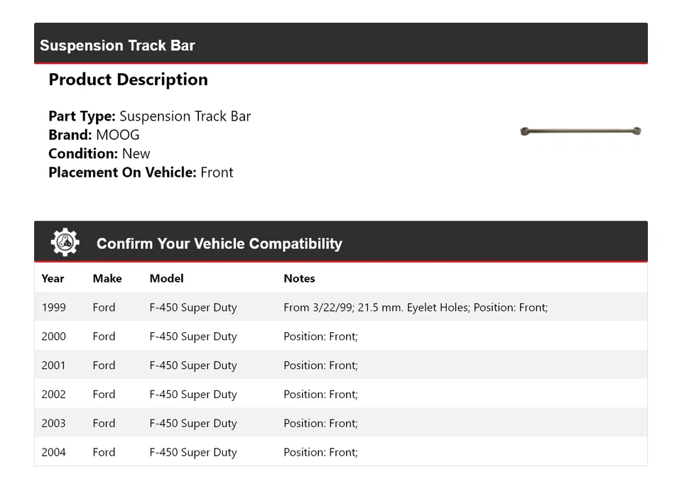 Barra de oruga de suspensión delantera MOOG 1999-2004 para Ford F-450 Super Duty 1999-2004 Foto 2 de 4