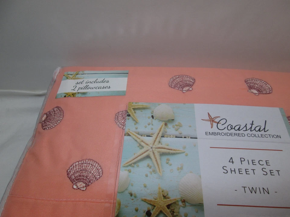  New Coastal SHELL Embroidered Collection 4 pcs Twin Sheet Set ~ Shell-Coral NIP - Image 2 of 4