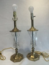 Vintage Pair of STIFFEL Hollywood Regency Heavy Brass Crysral Table Lamps 31”