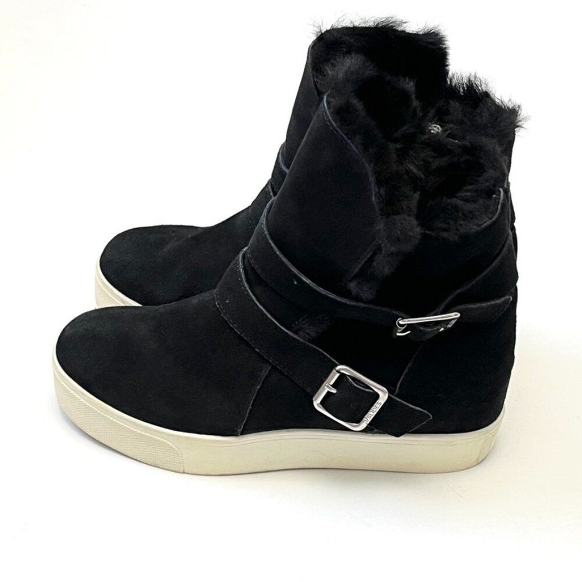 J/Slides Wells Faux Fur-Trim High Top Sneaker In Black Suede Womens Size  M
