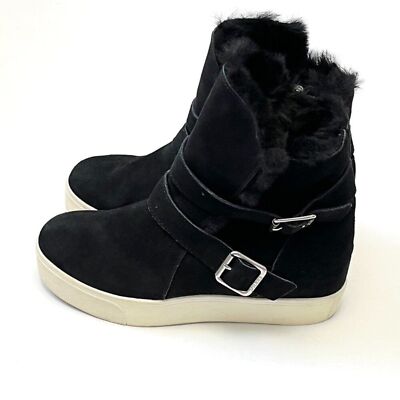 J/Slides Wells Faux Fur-Trim High Top Sneaker In Black Suede Womens Size  M