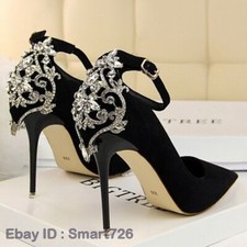 Women Rhinestone Pumps Stiletto Pointed Toe High Heels Ankle Strap Wedding Shoes