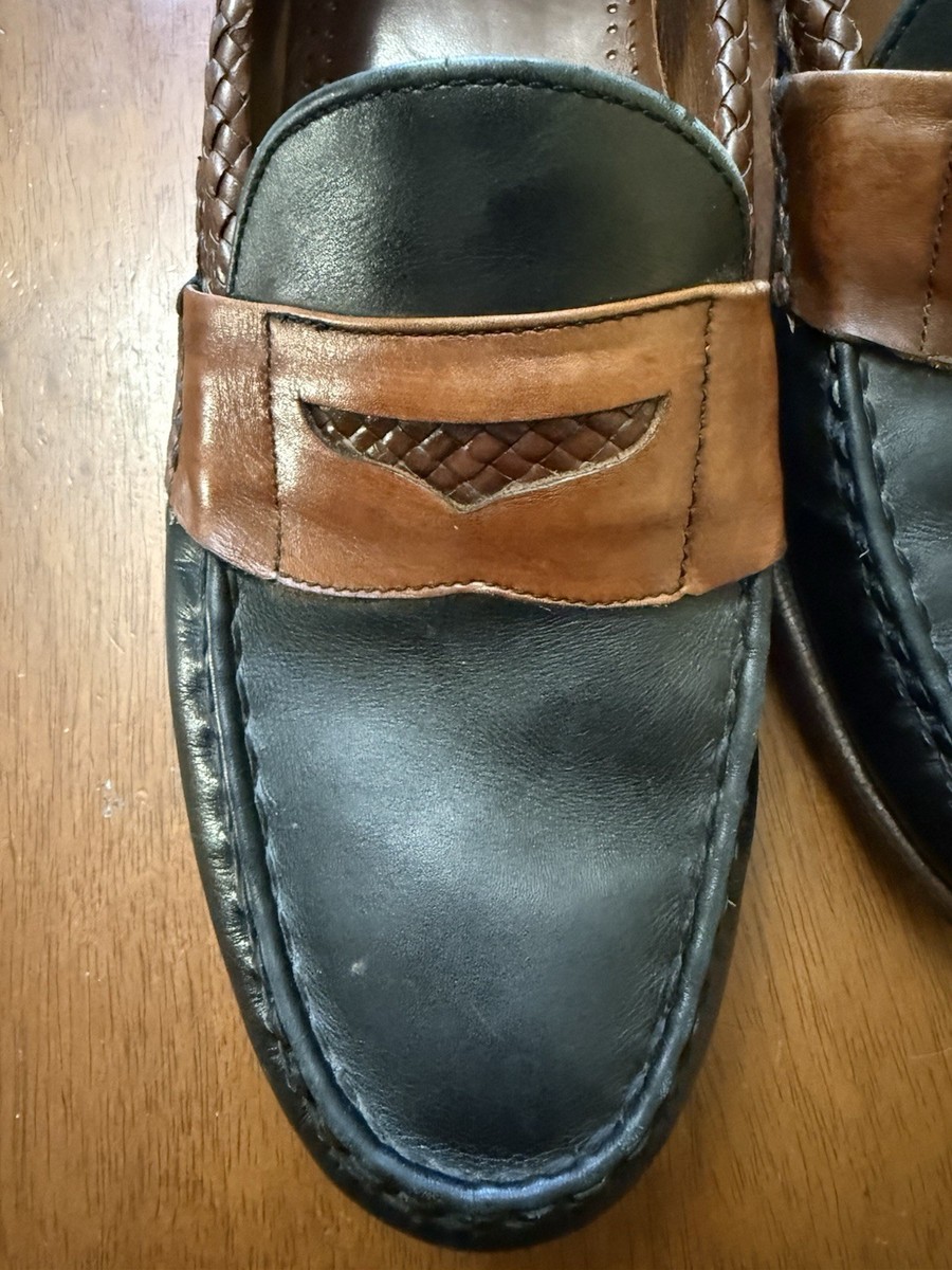 Allen Edmonds Rye NY Men\'s 10 D Two Tone Black Brown Leather Penny Loafers Shoes NEW Allen Edmonds RYE NY Black Leather w/Camel Tan Braided  main image 3