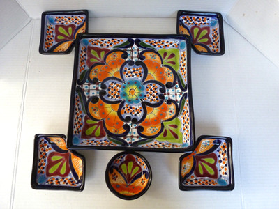 Authentic Mexican Talavera Pottery 6 pc Chip Dip Taco Serving Dish Hand Painted
