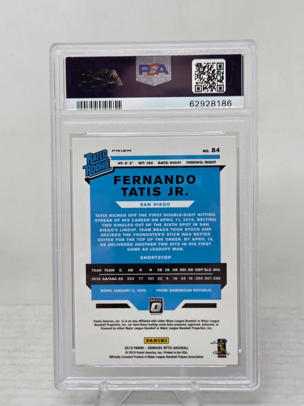 2019 Optic Pink Refractor FERNANDO TATIS JR RC CARD PSA 9 MINT view 2