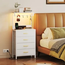 Nightstand with Charging Station, Night Stands with LED Lights and 4 Fabric D...