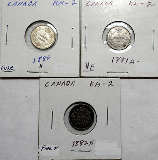 1880H 1881 H & 1882 H Canada 5 Cent Silver coins in Fine to VF condition (415)