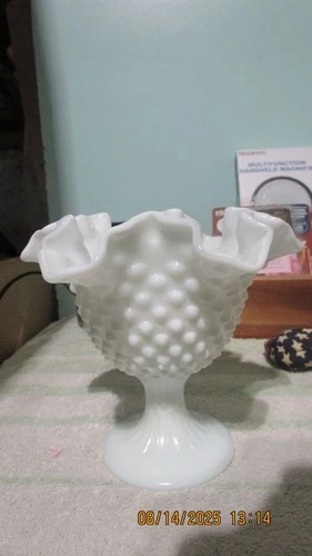 HOBNAIL WHITE MILK GLASS FOOTED CANDY DISH, BOWL- RUFFLE EDGES