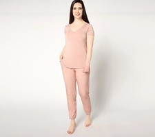 Barefoot Dreams MC Double V Tee and Sunbleached Pants Lounge Set Auburn S New