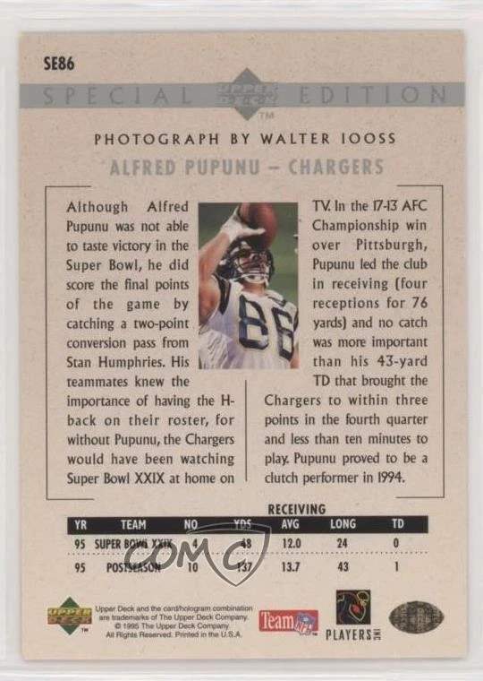 1995 Upper Deck Special Edition Alfred Pupunu #SE86 Rookie RC - Image 2 of 2