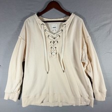 Aerie Sunday Soft Lace Up Sweatshirt Womens M Cream Raw Hem Oversized Pullover