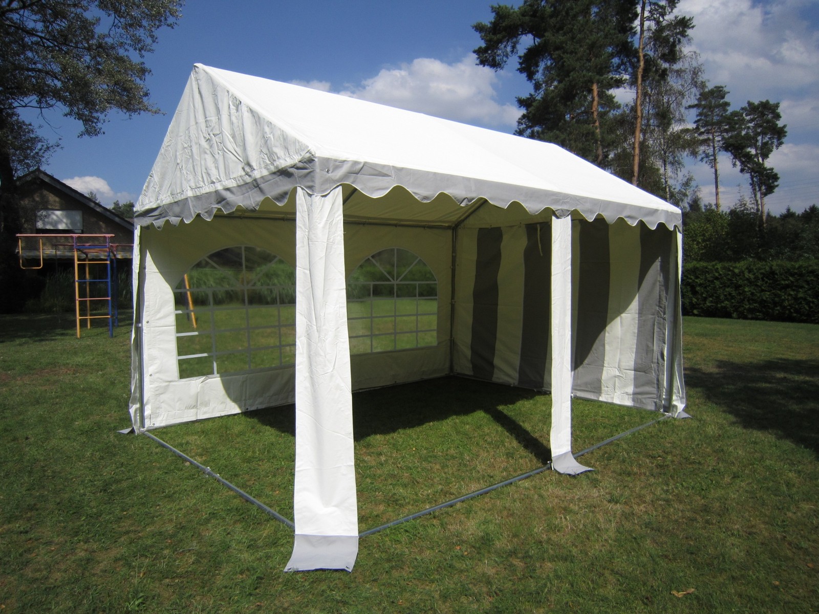 Stabilezelte Partyzelt 4x4 M – PVC 500 G/m², Stahlrohrgestänge, Grau/beige, Inkl. Zubehör