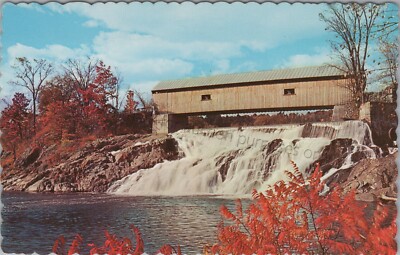 near White River Junction, VT: covered bridge in Vermont fall, vintage postcard