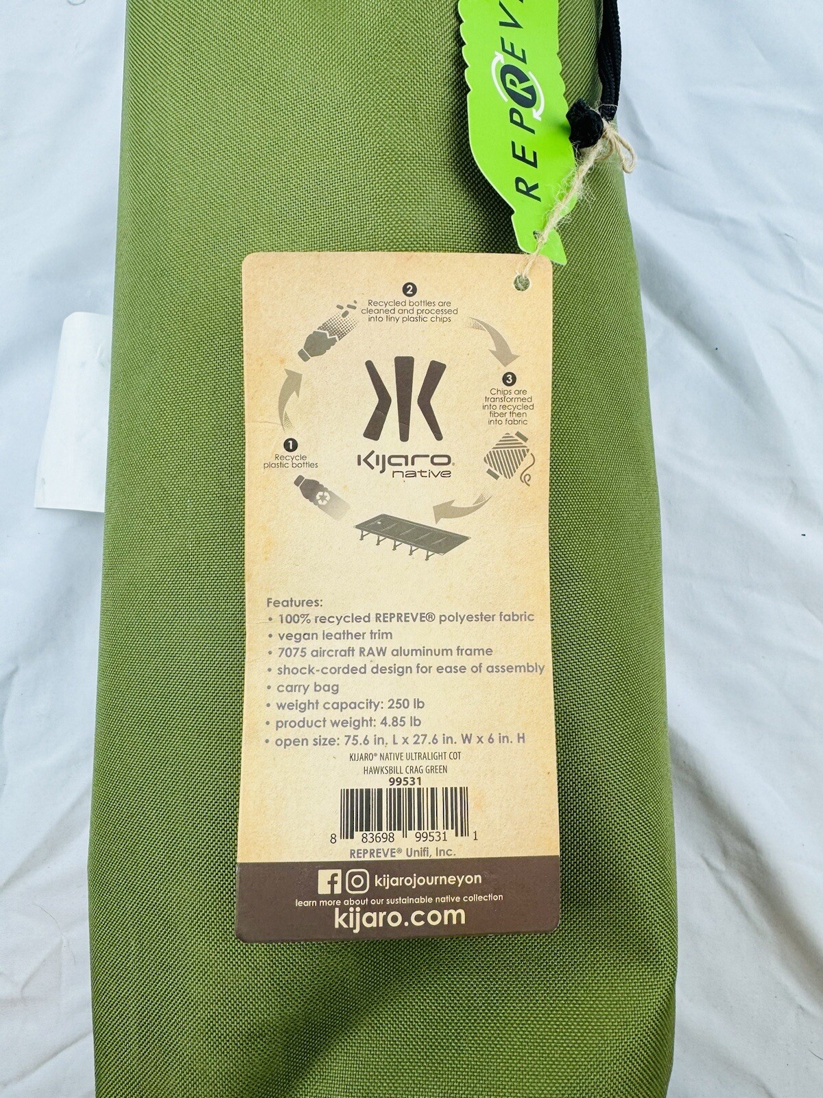 Kijaro Native Ultralight Cot Camping Hiking Tent Bed 250lbs Capacity