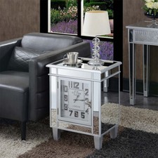 Silver Mirrored Glass Bedside Table Nighstand Side Table Cabinet w/ Quartz Clock
