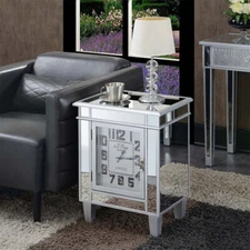 Silver Mirrored Glass Bedside Table Nighstand Side Table Cabinet w/ Quartz Clock