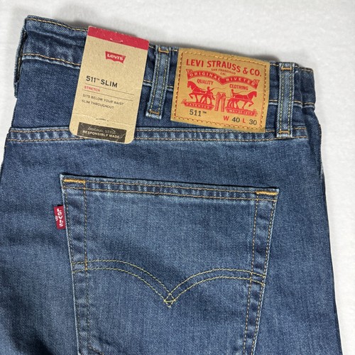 Jeans rectos elásticos ajustados Levi's 511 azul lavado oscuro 40 x 30 nuevos con etiquetas - Imagen 2 de 10