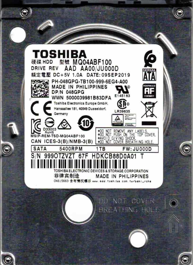 MQ04ABF100, AAD AA00/JU000D, HDKCB88D0A01 T, 67F, TOSHIBA SATA 1TB