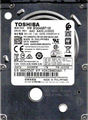 MQ04ABF100, AAD AA00/JU000D, HDKCB88D0A01 T, 67F, TOSHIBA SATA 1TB