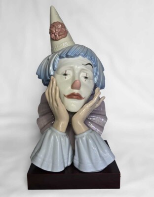 12'' Vintage Lladro Pensive Clown Head figurine w/wooden base wBOX 5129 Spain