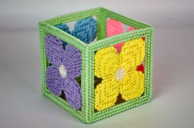 Spring Flowers CANDLE HOLDER Pastel Plastic Canvas Cube COMPLETED