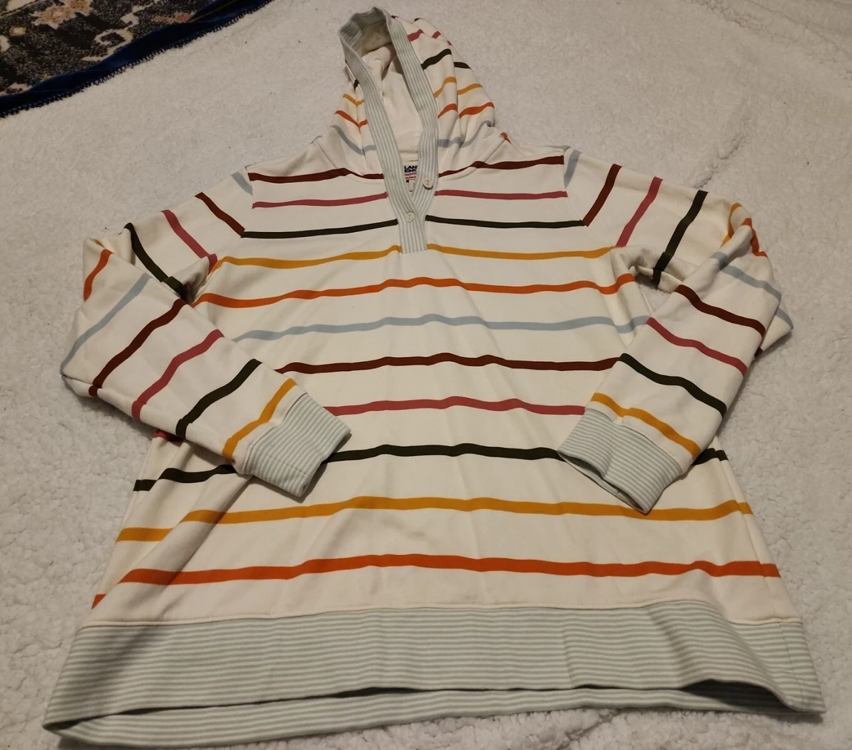 Lands End Serious Sweats White Striped Hoodie Sweatshirt Women's Size Large