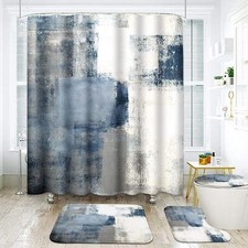Navy Blue Grey Abstract Bathroom Set with Shower Curtain and Rugs Accessories...