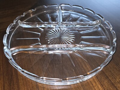 VTG 1950s Clear Glass Sectional Serving Platter Plate Scalloped Edge...