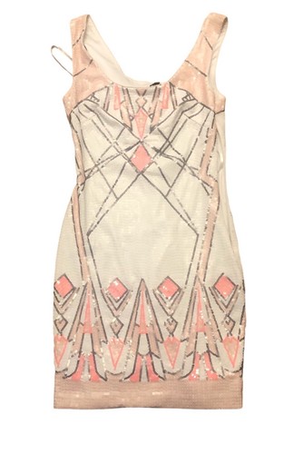Bebe Cocktail Dress Sequin Sheath White & Pink Geometric Contrast S/P $169