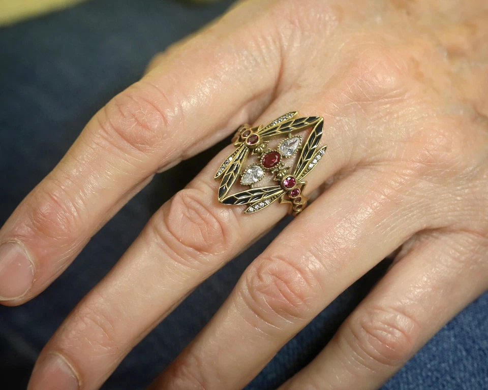 Antike Verstellbare Emaille Ring Art Nouveau Libelle Blau CZ Rot Weiß SB51 - Bild 2 von 4
