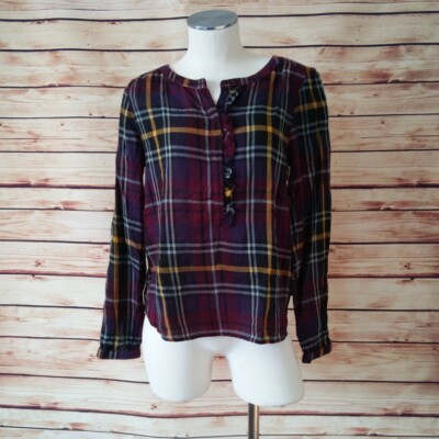 New Lightweight Aigle Plaid Blouse Ruffle Placket Burgundy Purple Mustard Cotton