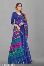 Indian Women Cotton Linen Dhakai Jamdani Saree Without Blouse Festive Wear Sari