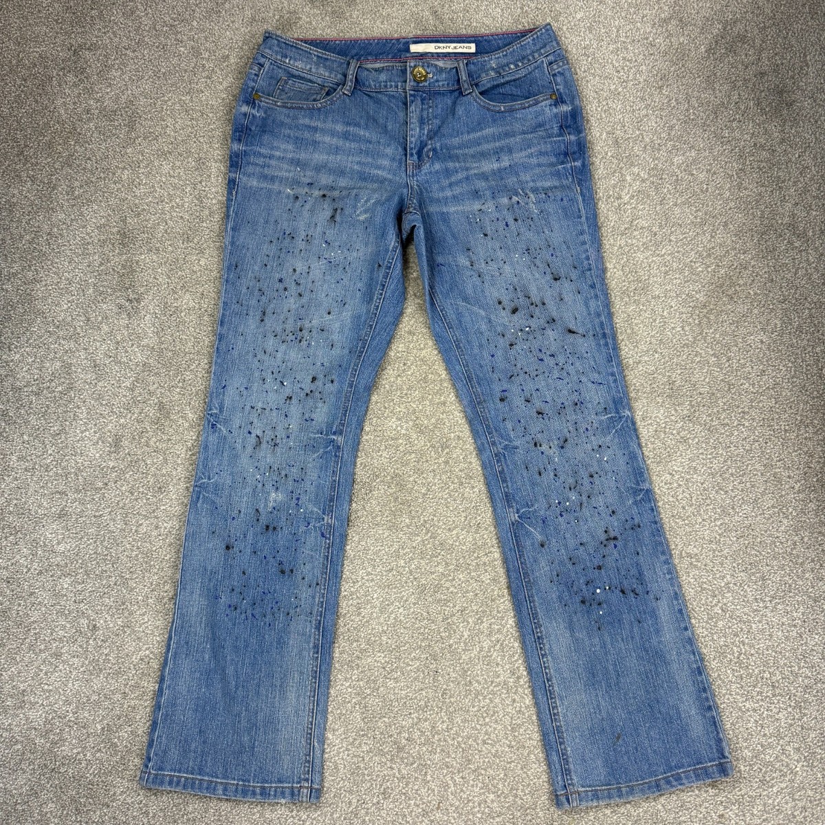 DKNY Bootcut Paint Splatter Jeans Womens 12 Medium Wash Blue Denim 