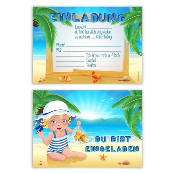 Einladungskarten Kindergeburtstag Jungen MäDchen 8 StüCk Karten - Sandstrand-image