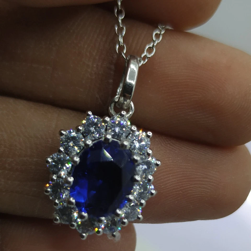 9x7mm Oval Simulierte Sapphire Halo Anhänger Halskette 925 Sterling Silber Kette - Bild 2 von 4