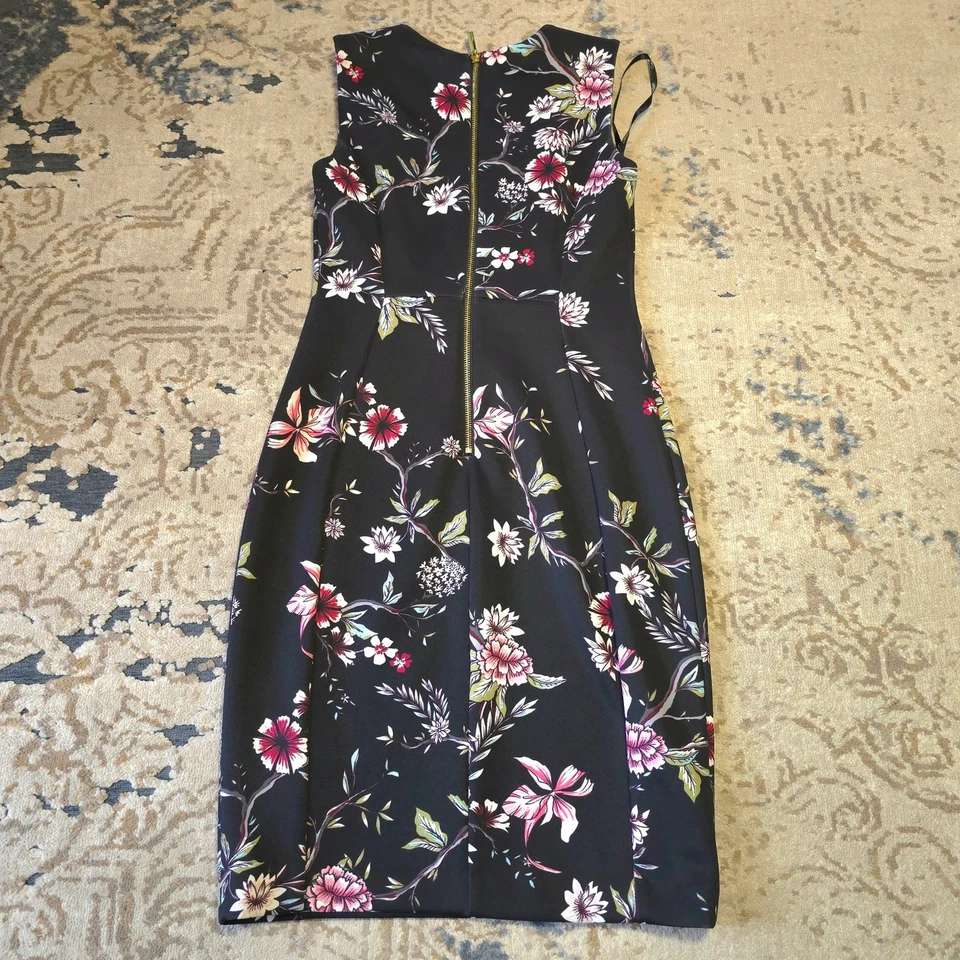Calvin Klein Black Floral Sheath Dress Women Size 6P Zipped Back Sleeveless - Image 2 of 4