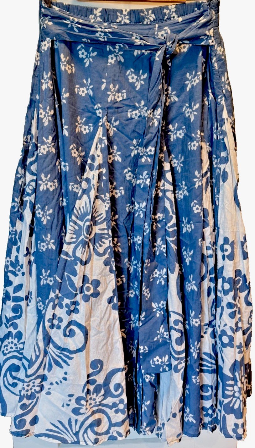 Soft Surroundings Floral Peasant Maxi Skirt Blue WhiteCotton Boho Prairie L Tie