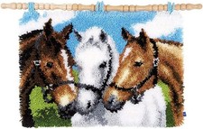 Latch Hook Kits Rug Three Horses Crochet Yarn Cushion Colour Pre-Printed Canvas