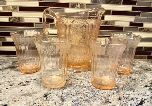 VTG 1930's Pink Cherry Blossom Pattern Depression Glass Water Pitcher 4 Glasses
